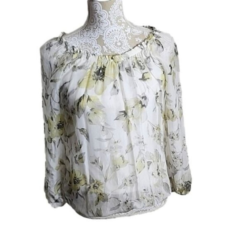 Rosemarine Top Silk Ivory floral Long Sheer Sleeves Made in Italy Women's Small